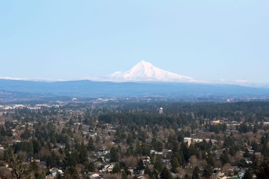 Mount Hood on Columbia River Gorge Scenic Area against Blue Sky