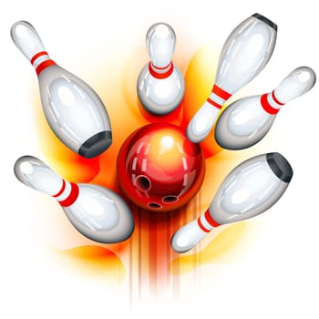 A red bowling ball crashing into the pins
