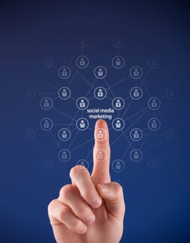 Social media marketing concept - man click on text "social media marketing"" and network of people relationships."