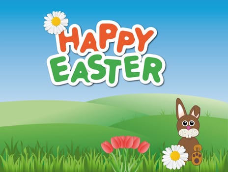Happy Easter card with a Easter bunnie on a green meadow