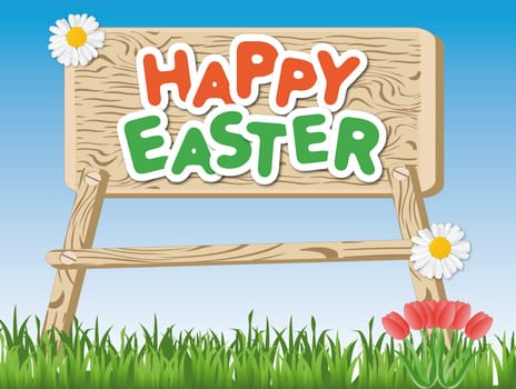 The words "Happy Easter"" on a wooden sign on the meadow"
