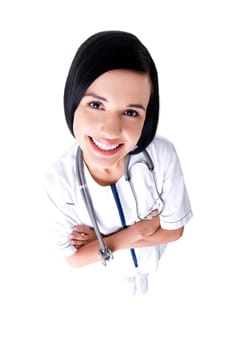 Nurse or young doctor standing smiling. Isolated on white background. Full body
