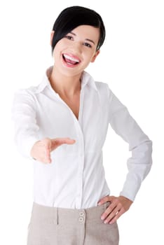 A beautiful businesswoman about to shake hands.