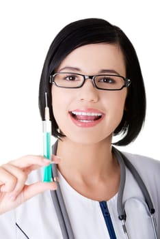 Happy medical doctor or nurse with syringe