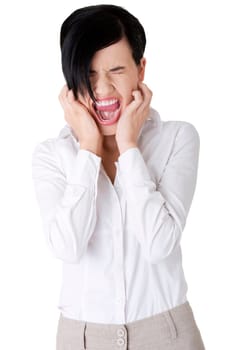 Stressed or angry businesswoman screaming loud