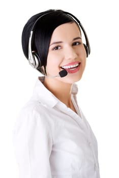 Portrait of a pretty young call center worker wearing a headset