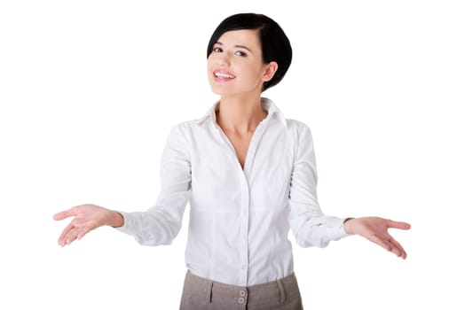 Beautiful business woman showing copy space , isolated on white