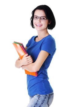 Happy student woman with notebooks, isoalted on white background