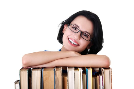 Happy smiling young student woman with books, isolated on white background