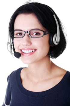 Closeup of attractive customer support representative smiling with headset on white background