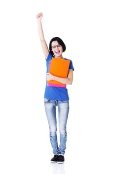 Happy student woman with notebooks, isoalted on white background