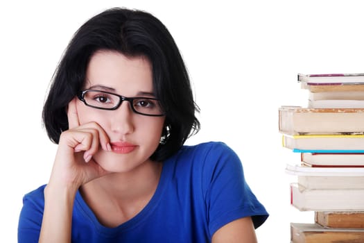 Sad female student with learning difficulties , isolated on white