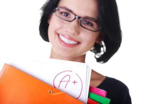 Student woman showing her perfect exam result
