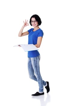 Beautiful student woman gesturing perfect. Isolated on white