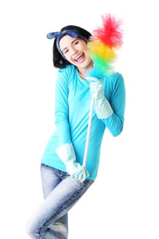 Happy cleaning woman portrait, isolated on white