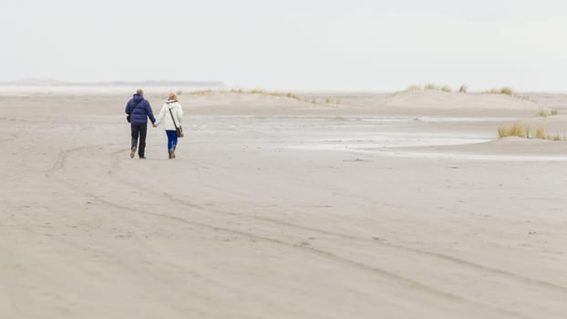 Couple walking on a dutch beach in the winter