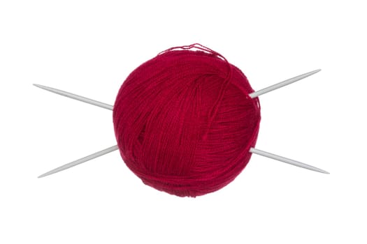 Wool ball and knitting needles isolated on white background