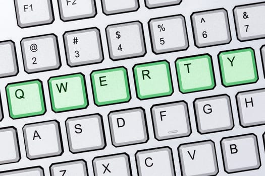 Green qwerty buttons on silver computer keyboard