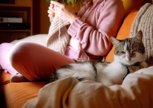 Woman knitting a pullover, focus on the cat in foreground.