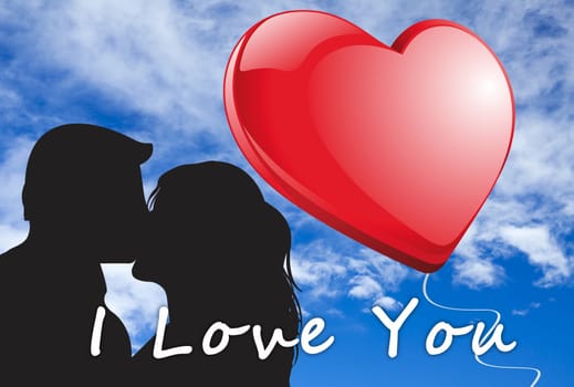 Kissing loving couple silhouette with red heart and the words "I Love you"" against blue sky"