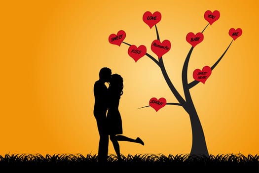 Kissing loving couple silhouette under a tree