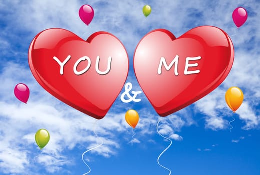 Two big red hearts with the words "You & Me"" with many colorful balloons against blue sky"