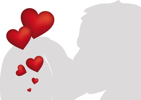 Kissing loving couple silhouette with many red hearts