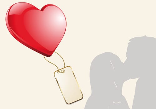 Kissing loving couple silhouette with red heart and pendant