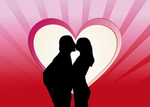 Kissing loving couple silhouette against a red background in the shape of a heart