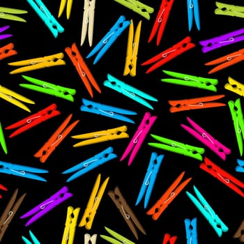 Seamless background composition with clothespin in colors against black background