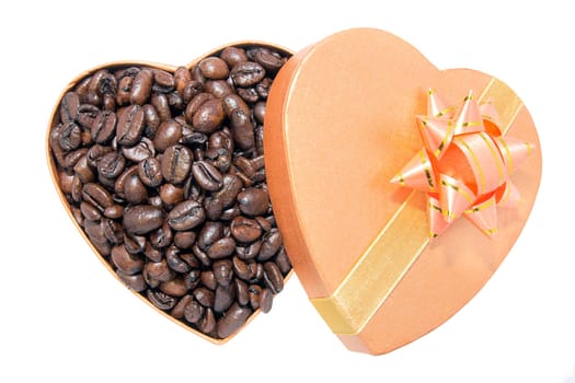 Roasted Coffee Beans in Heart Shaped Gift Box Isolated on White Background
