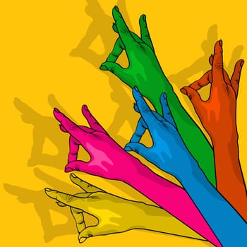Colored hands showing victory, conceptual gay illustration.