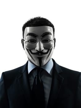 PARIS– OCTOBER 30 : one man dressed and masked as a  member of Anonymous underground group pointing finger on October 30, 2012 in Paris ,France