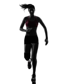 one causasian woman runner running trekking  in silhouette studio isolated on white background