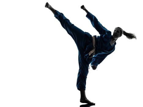 one caucasian woman exercising karate vietvodao martial arts in silhouette studio isolated on white background