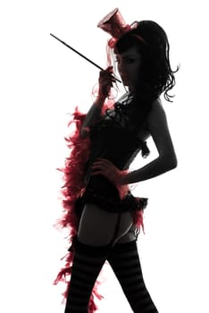 one caucasian woman stripper showgirl portrait  in silhouette studio isolated on white background