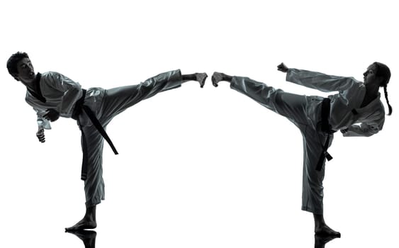 one couple man woman couple exercising karate taekwondo martial arts in silhouette studio isolated on white background