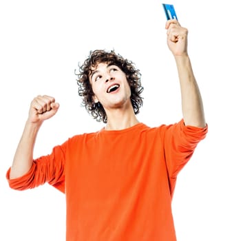 one young man caucasian holding saluting broom portrait  in studio white background