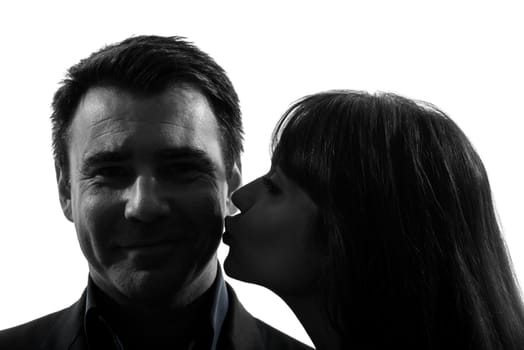 one caucasian couple woman man close up portrait  in silhouette studio isolated on white background