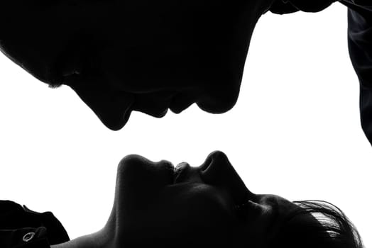 one caucasian couple woman man close up portrait  in silhouette studio isolated on white background