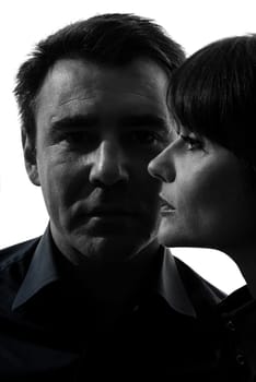 one caucasian couple woman man close up portrait  in silhouette studio isolated on white background