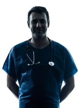 one caucasian man doctor surgeon medical worker  thinking pensive silhouette isolated on white background