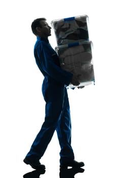 one caucasian man construction worker pointing showing silhouette portrait in studio on white background