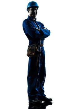 one caucasian man construction worker pointing showing silhouette portrait in studio on white background