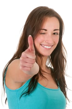 young woman showing thumbs up