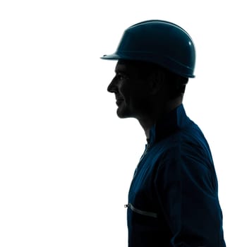 one caucasian man construction worker pointing showing silhouette portrait in studio on white background