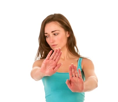 young woman showing stop