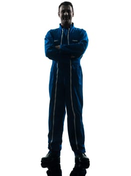 one caucasian man construction worker pointing showing silhouette portrait in studio on white background