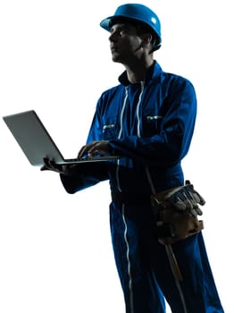 one caucasian man construction worker pointing showing silhouette portrait in studio on white background