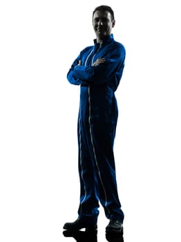 one caucasian man construction worker pointing showing silhouette portrait in studio on white background